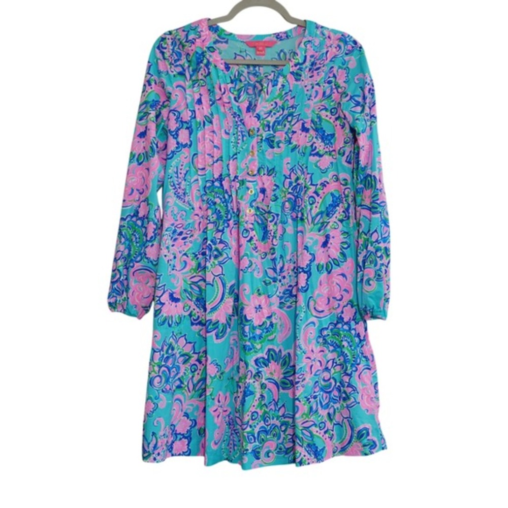 LILLY PULITZER Seana Dress Blue Horizon Jungle Sunrise Woman's Size XS UPF 50+